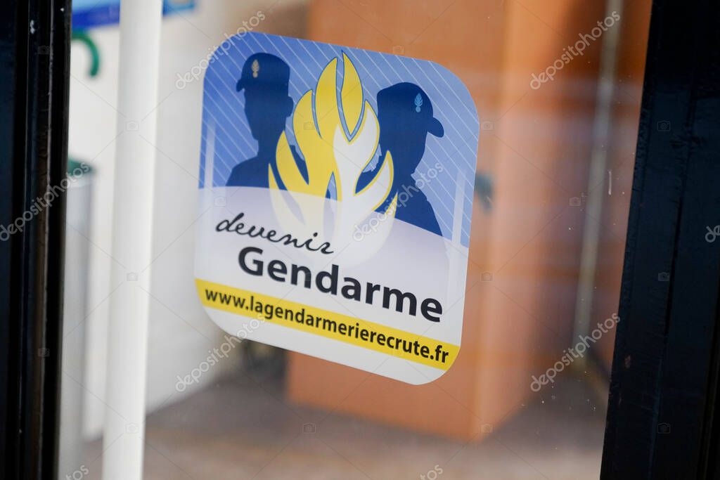 Bordeaux , Aquitaine / France - 03 07 2020 : gendarmerie french police sign logo in windows office recruitment and information center