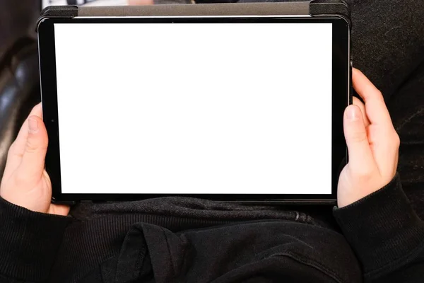 Mulher Segurando Tablet Digital Branco Com Espaço Cópia Simulado Branco — Fotografia de Stock