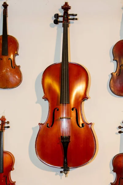 Violons Bois Suspendus Mur — Photo