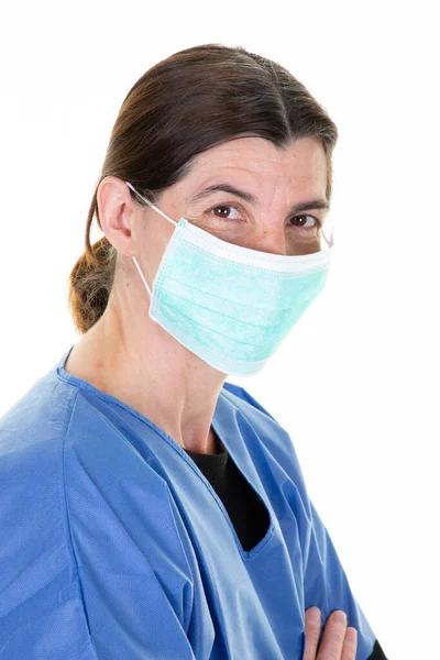 Femme Scientifique Infirmière Uniforme Protection Masque Contre Coronavirus Covid — Photo