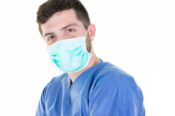 Homem Médico Coronavírus Cirurgião Amarra Máscara — Fotografia de Stock