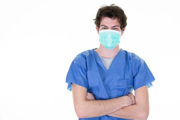 Retrato Jovem Enfermeiro Médico Máscara Protetora Contra Vírus Corona Coronavirus — Fotografia de Stock