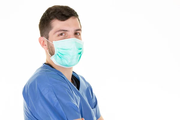 戴防护眼镜蛇 19面罩的男医生对着病毒大流行的头孢病毒 — 图库照片