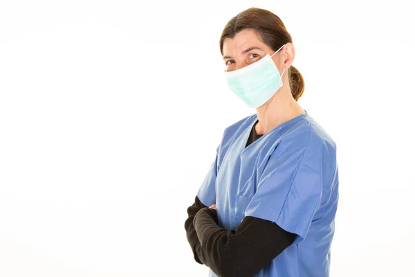 Mulher Médico Cientista Enfermeira Uniforme Protetor Máscara Contra Coronavírus Covid — Fotografia de Stock