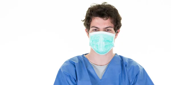 Enfermero Médico Hombre Que Usa Ropa Máscara Protectora Médica Azul — Foto de Stock