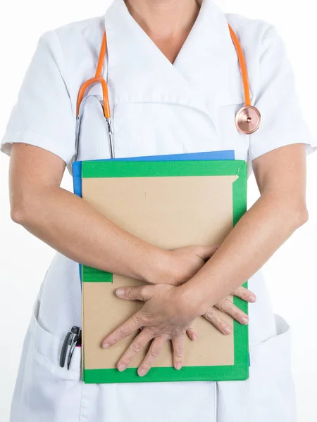 Woman Doctor Holding Prescription File Coronavirus Disease Covid Isolated White — Stock Photo, Image