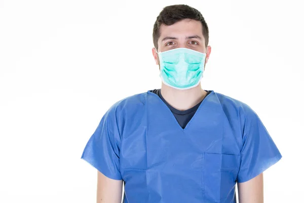 Homem Médico Azul Vestuário Máscara Proteção Médica Para Proteção Saúde — Fotografia de Stock