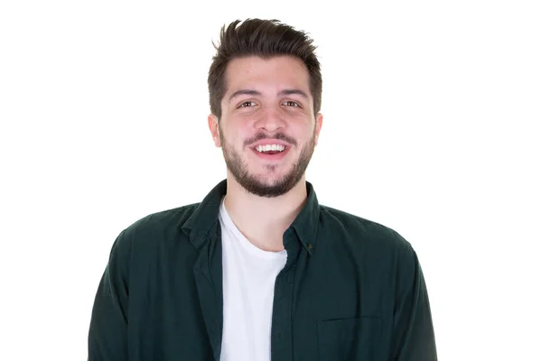 Feliz Guapo Hipster Joven Sonriendo Sobre Fondo Blanco — Foto de Stock