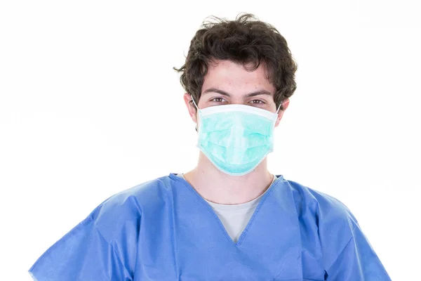 Médico Hospital Estéril Vestindo Roupas Cirúrgicas Vestido Azul Máscara Coronavírus — Fotografia de Stock
