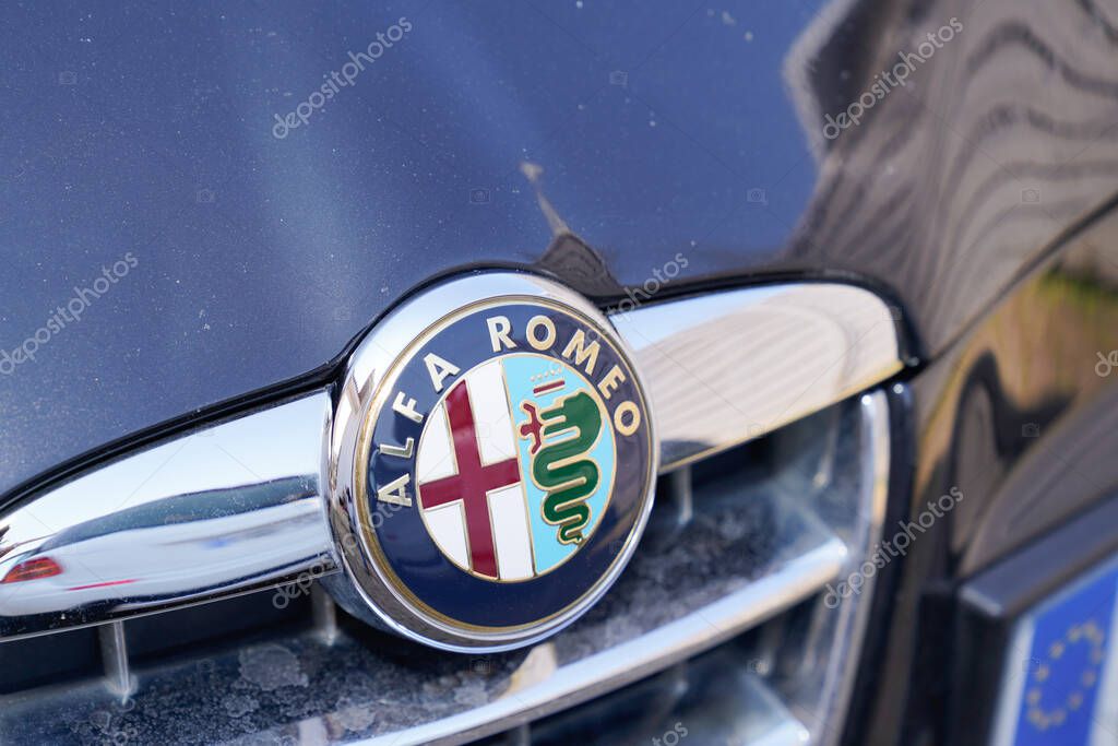 Bordeaux , Aquitaine / France - 03 20 2020 : Alfa romeo logo sign front silver grill italian automobile car manufacturer