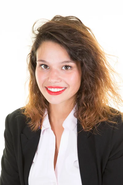 Sorrindo Negócios Encaracolado Mulher Escritório Parede Branca — Fotografia de Stock