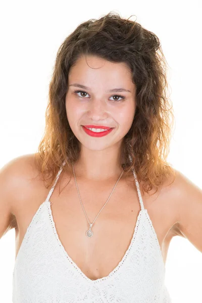 Gros Plan Portrait Jeune Femme Confiante Cheveux Bouclés — Photo