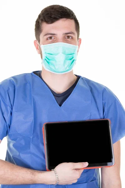 Médico Homem Segurando Branco Preto Tela Vazia Tablet Computador — Fotografia de Stock
