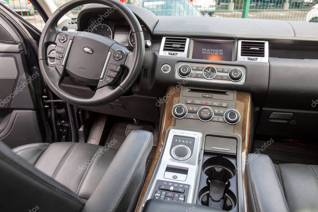 Bordeaux , Aquitaine / France - 03 03 2020 : Range Rover Steering Wheel logo sign interior suv car dashboard vehicle media system