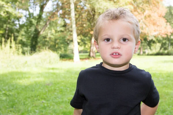 Söt Liten Blond Pojke Barn Svart Shirt Grönt Gräs Fält — Stockfoto