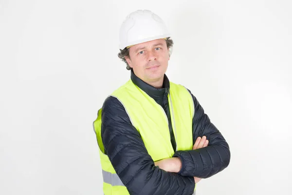Człowiek Inżynier Przemysłowy Mundurze Białym Tle Kasku Odzież Bezpieczeństwa — Zdjęcie stockowe