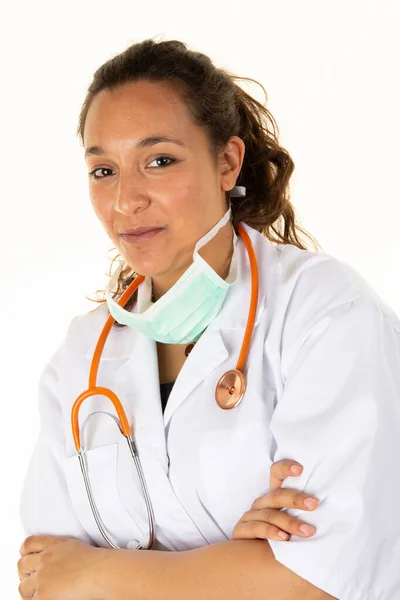 Woman Portrait Female Doctor Medical Face Mask Stethoscope Crossed Arms — Stock Photo, Image