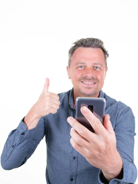 Portrait Cheerful Bearded Man Taking Selfie Showing Thumbs Gesture White — Stock Photo, Image