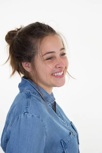 Young Brunette Woman Smiling Confident Girl Profile Looking Aside Copy — Stock Photo, Image