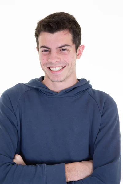 Retrato Bonito Sorridente Jovem Rindo Alegre Menino Estúdio Alegre Tiro — Fotografia de Stock