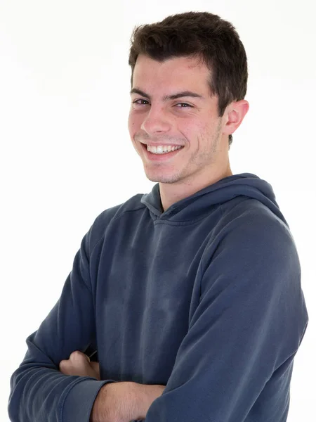 Retrato Joven Guapo Sonriente Con Los Brazos Cruzados Cruzados Aislados — Foto de Stock