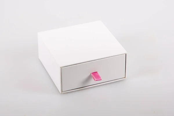 White Small Cardboard Sliding Box Drawer Pink Ribbon — Stock Photo, Image