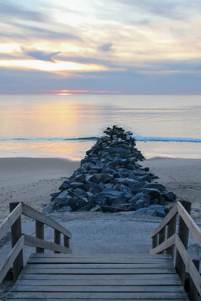 Atlantik Sonnenuntergang Holz Ponton Lacanau Meer Stein Zugang Strand Medoc — Stockfoto