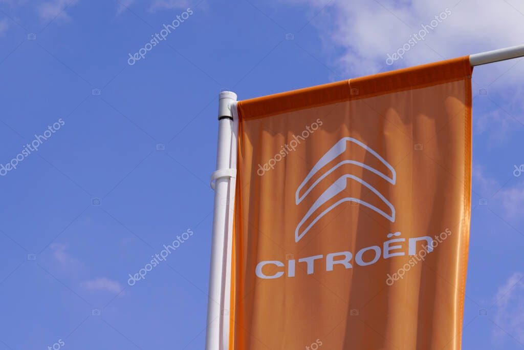Bordeaux , Aquitaine / France - 05 14 2020 : Citroen orange flag logo car sign French automobile manufacturer PSA Peugeot Citroen