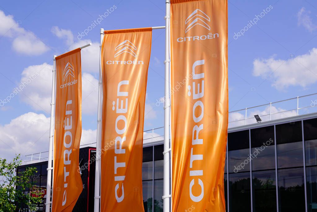 Bordeaux , Aquitaine / France - 05 14 2020 : Citroen flag orange car store sign French logo automobile manufacturer Citroen shop brand