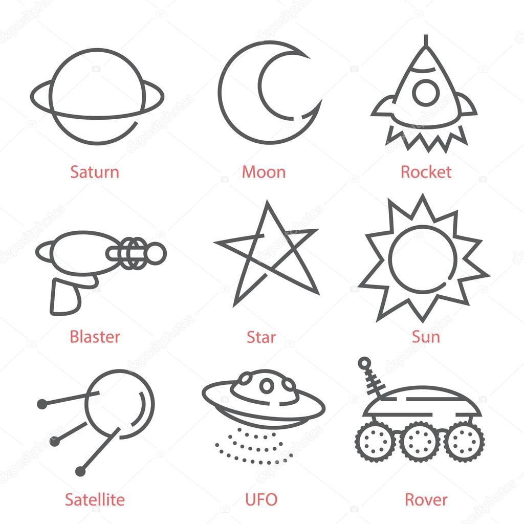 Vector thin line icons with space theme. Kid styled hand drawn icons.  For infographics, UX UI kit, web design mobile prototypes, patterns, textile print and more.