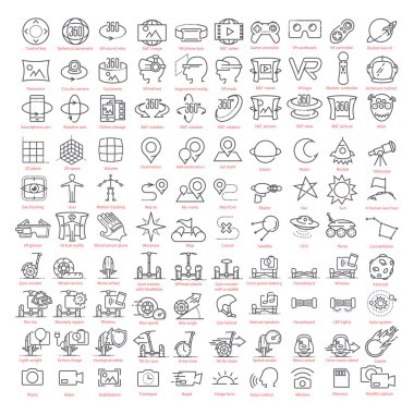One hundred vector thin line  icons set. Contains: 3d and virtual reality, augmented reality and navigation, gyro scooters and hoverboards, space and more for UX UI prototypes