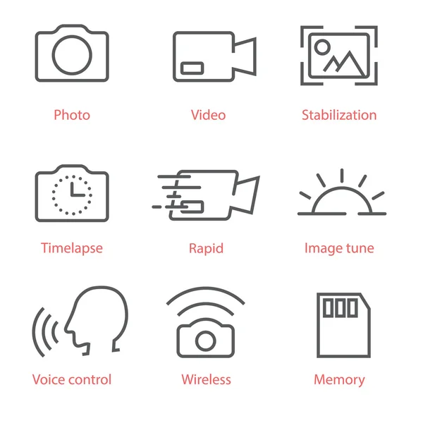 Icônes vectorielles à lignes fines avec pictogrammes photo et vidéo pour infographies, manuels, kit ux ui et applications mobiles — Image vectorielle