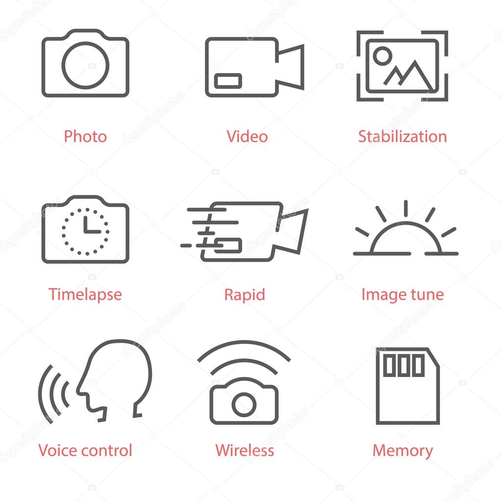 Vector thin line icons set with photo and video pictograms for infographics, manuals, ux ui kit and mobile applications