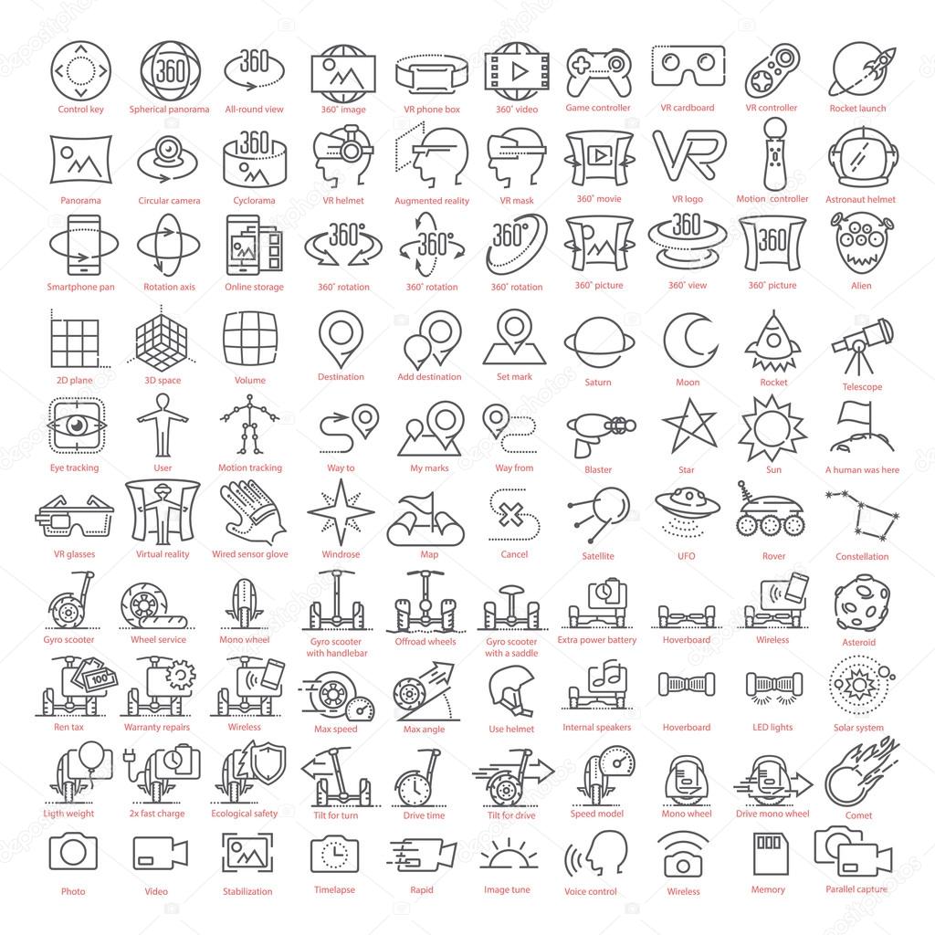 One hundred vector thin line  icons set. Contains: 3d and virtual reality, augmented reality and navigation, gyro scooters and hoverboards, space and more for UX UI prototypes