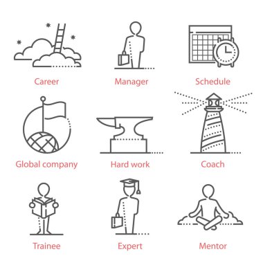 Vektör hat Icons set ile insan kaynakları, kariyer ve iş sembolleri, danışmanlık ve koçluk. İnfographics, Ux UI seti, web tasarım mobil prototipleri ve daha fazlası için