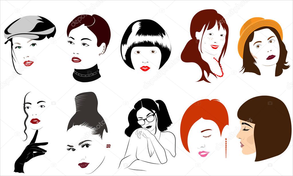 Faces of girls in the style of minimalism with the ability to produce stencils.