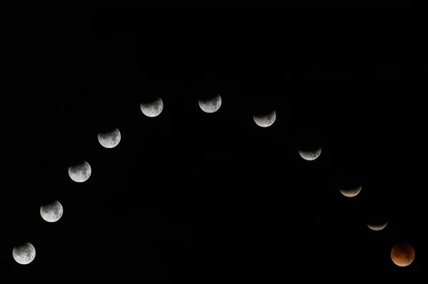 Phases of full Blue lunar eclipse changing to red blood moon.