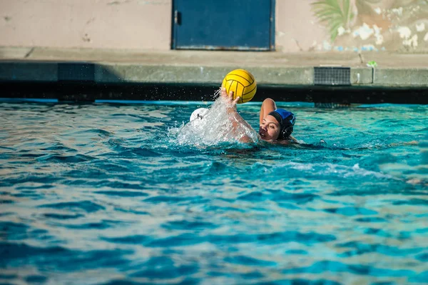 Female Water Polo Athlete Putting Pressure Opponent Attempting Take Shot — Stock Photo, Image