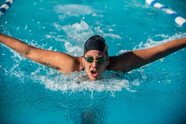 Reflected Image Female Swimmer Arms Extended Lane Lines While Performing — Stock Photo, Image