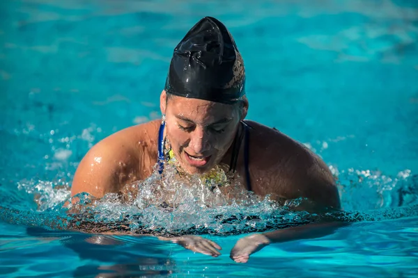 Female Swimmer Athlete Showing Discomfort Face Competing Race Goggles — Stock Photo, Image