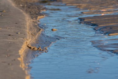 Okyanus suyu, kumsaldaki doğal yollardan oyulmuş bir dere gibi akar..