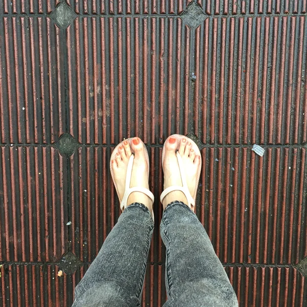 Woman Legs and Feet Stand on the Ground