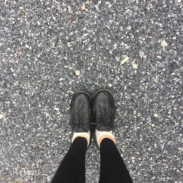 Selfie Feet Wearing Black Shoe for Woman on Floor Background — Stock Photo, Image