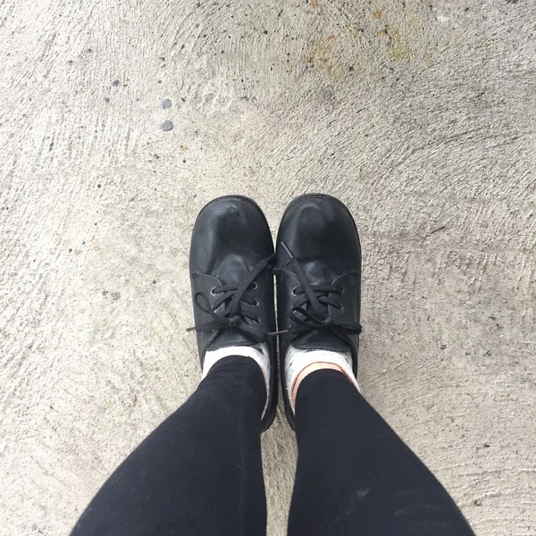 Selfie Feet Wearing Black Shoe for Woman on Floor Background — Stock Photo, Image