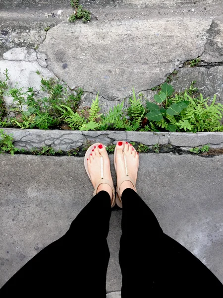 Жіночі ноги взуття на фоні підлоги — стокове фото