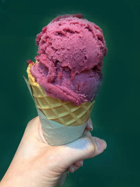 Cono de helado de frutas celebrado hasta el verano caliente — Foto de Stock