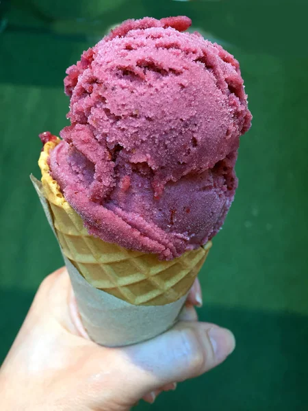 Gelado de frutas Cone Held Up To The Hot Summer — Fotografia de Stock