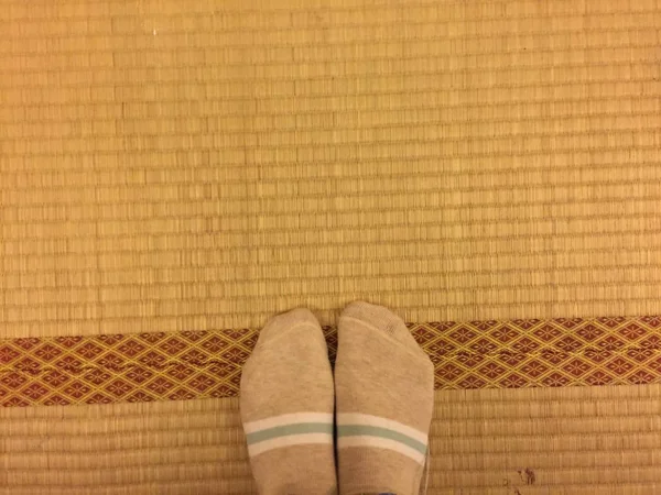 Selfie Feet Wearing Socks on Wooden of Japanese Background — Stock Photo, Image
