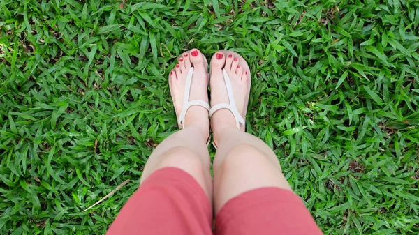 푸른 잔디에 샌들을 착용 하는 여자의 발에 닫기 — 스톡 사진