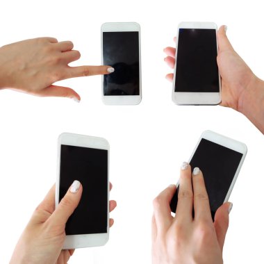 Beyaz arka plan üzerinde beyaz telefon tutarak el topluluğu